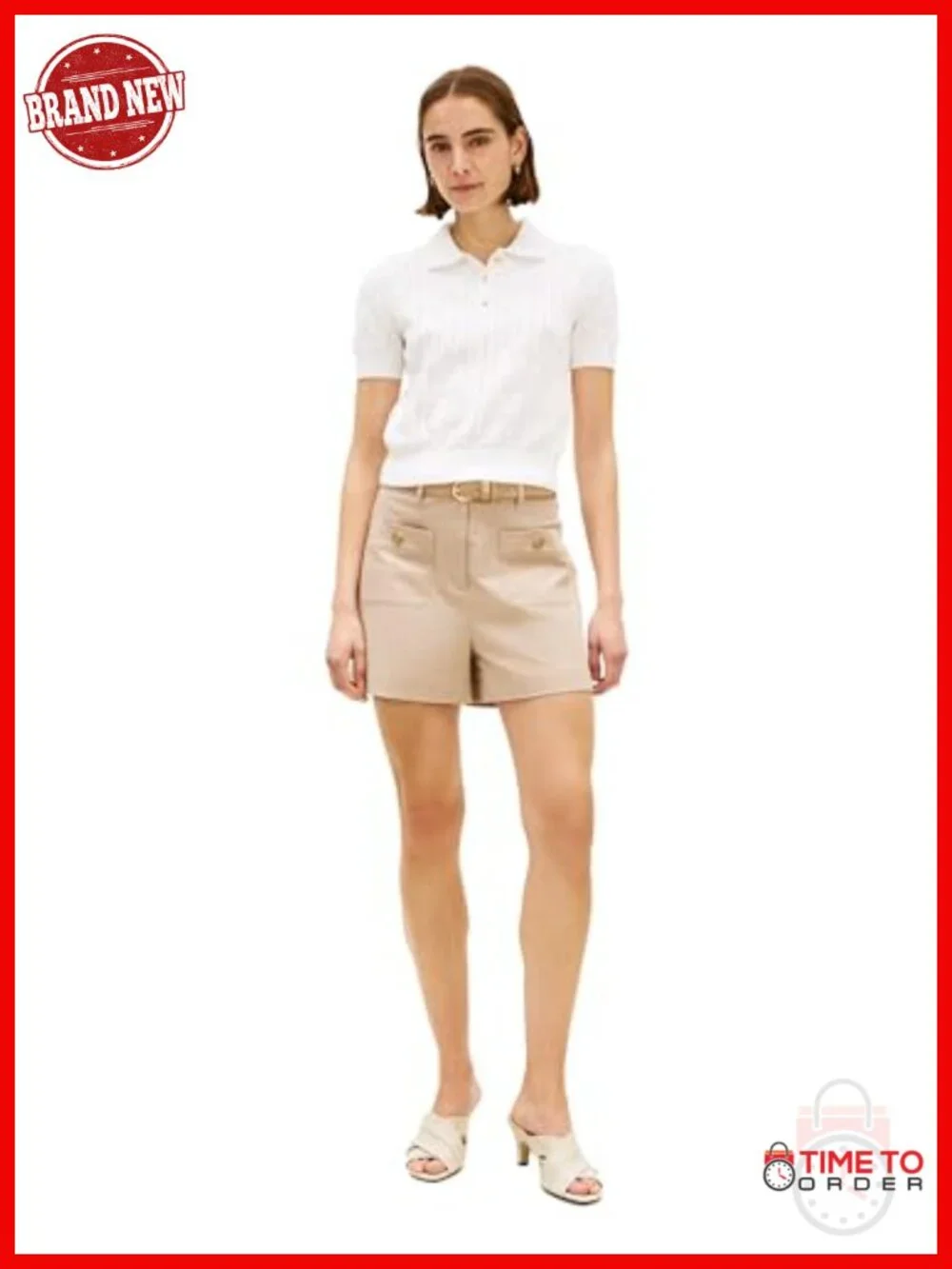 Short Sleeve Cotton Polo Sweater Pointelle Knit Cropped with Puff Sleeve